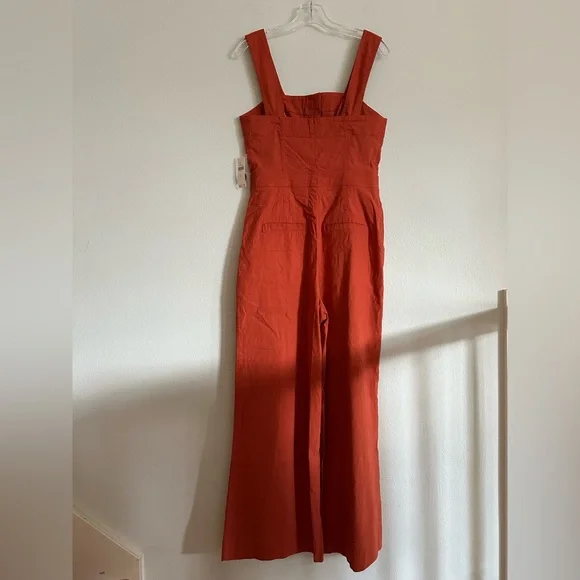 Maeve The Portside Jumpsuit 10 Wide Leg Linen Blend Square Neck Rust Orange NWT - Picture 9 of 15